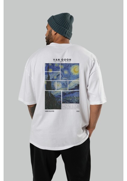 Van Gogh The Starry Night Arka Baskılı Oversize T-Shirt Erkek Kadın Bisiklet Yaka Pamuk Tişort fırsatları