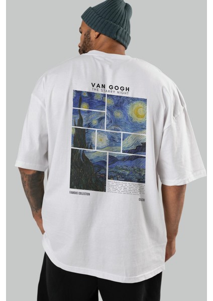 Van Gogh The Starry Night Arka Baskılı Oversize T-Shirt Erkek Kadın Bisiklet Yaka Pamuk Tişort indirimleri