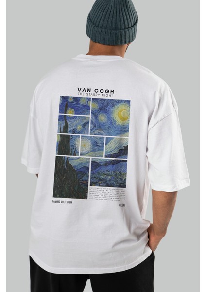 Van Gogh The Starry Night Arka Baskılı Oversize T-Shirt Erkek Kadın Bisiklet Yaka Pamuk Tişort