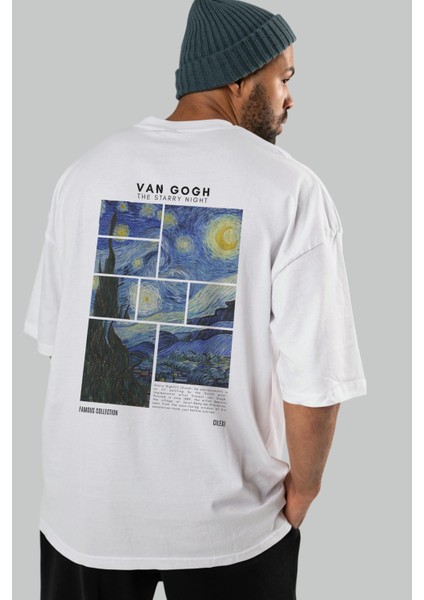 Van Gogh The Starry Night Arka Baskılı Oversize T-Shirt Erkek Kadın Bisiklet Yaka Pamuk Tişort