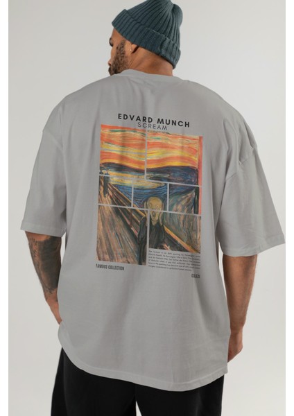Edvard Munch Scream Arka Baskılı Oversize T-Shirt Erkek Kadın Bisiklet Yaka Pamuk Tişort indirimleri