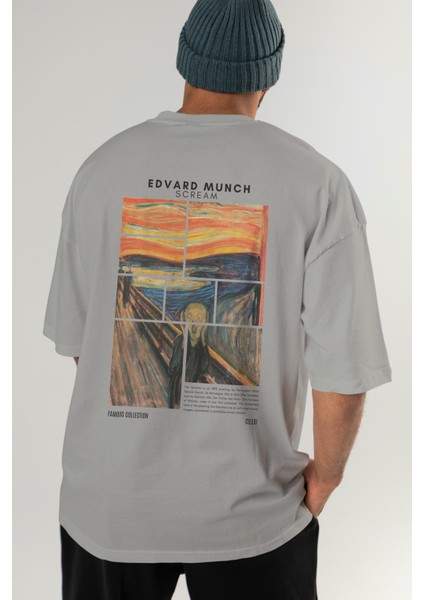 Edvard Munch Scream Arka Baskılı Oversize T-Shirt Erkek Kadın Bisiklet Yaka Pamuk Tişort