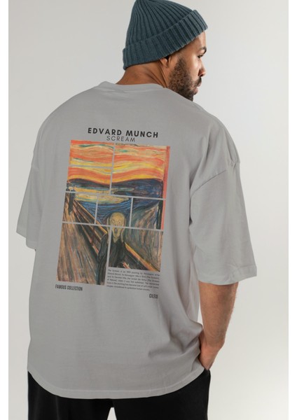 Edvard Munch Scream Arka Baskılı Oversize T-Shirt Erkek Kadın Bisiklet Yaka Pamuk Tişort