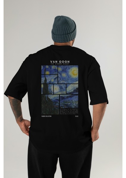 Van Gogh The Starry Night Arka Baskılı Oversize T-Shirt Erkek Kadın Bisiklet Yaka Pamuk Tişort
