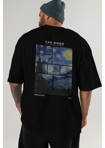 Van Gogh The Starry Night Arka Baskılı Oversize T-Shirt Erkek Kadın Bisiklet Yaka Pamuk Tişort