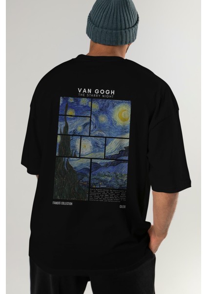 Van Gogh The Starry Night Arka Baskılı Oversize T-Shirt Erkek Kadın Bisiklet Yaka Pamuk Tişort