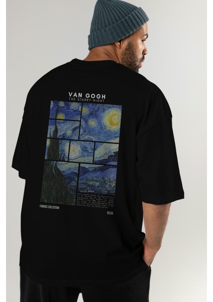 Van Gogh The Starry Night Arka Baskılı Oversize T-Shirt Erkek Kadın Bisiklet Yaka Pamuk Tişort