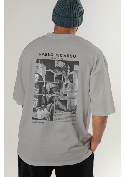 Pablo Picasso Guernica Arka Baskılı Oversize T-Shirt Erkek Kadın Bisiklet Yaka Pamuk Tişort