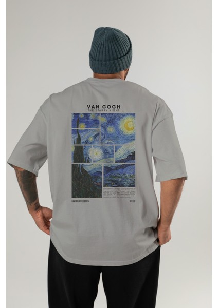 Van Gogh The Starry Night Arka Baskılı Oversize T-Shirt Erkek Kadın Bisiklet Yaka Pamuk Tişort