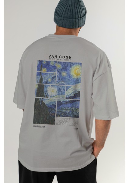 Van Gogh The Starry Night Arka Baskılı Oversize T-Shirt Erkek Kadın Bisiklet Yaka Pamuk Tişort