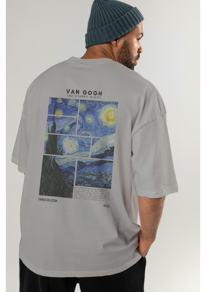 Van Gogh The Starry Night Arka Baskılı Oversize T-Shirt Erkek Kadın Bisiklet Yaka Pamuk Tişort