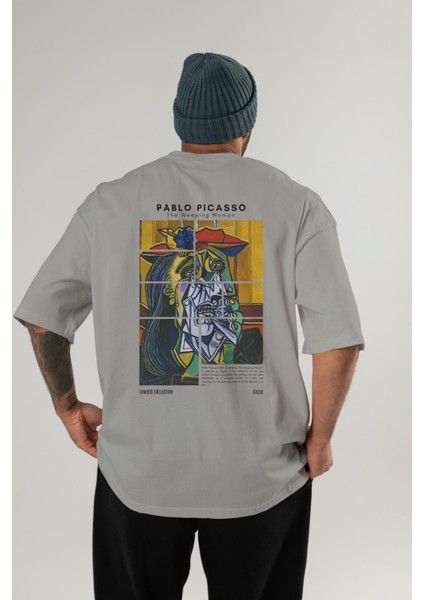 Pablo Picasso Arka Baskılı Oversize T-Shirt Erkek Kadın Bisiklet Yaka Pamuk Tişort