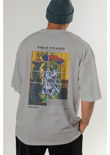 Pablo Picasso Arka Baskılı Oversize T-Shirt Erkek Kadın Bisiklet Yaka Pamuk Tişort