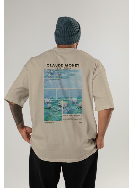 Claude Monet Arka Baskılı Oversize T-Shirt Erkek Kadın Bisiklet Yaka Pamuk Tişort