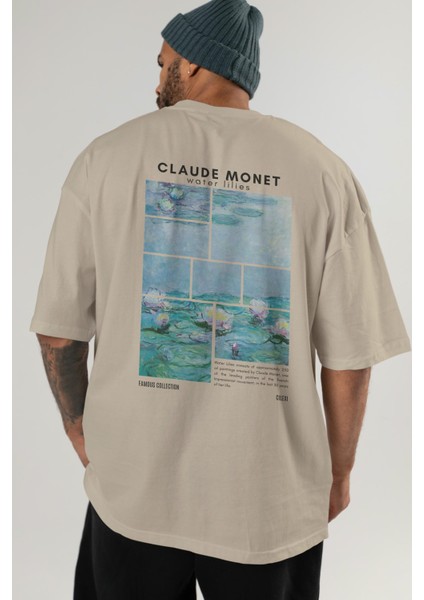 Claude Monet Arka Baskılı Oversize T-Shirt Erkek Kadın Bisiklet Yaka Pamuk Tişort indirimleri