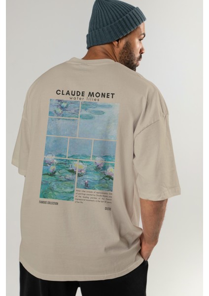 Claude Monet Arka Baskılı Oversize T-Shirt Erkek Kadın Bisiklet Yaka Pamuk Tişort