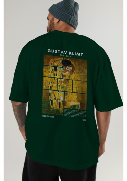 Gustav Klimt The Kiss Arka Baskılı Oversize T-Shirt Erkek Kadın Bisiklet Yaka Pamuk Tişort