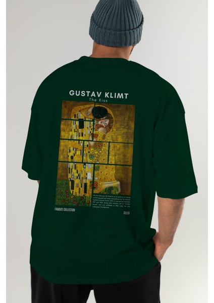 Gustav Klimt The Kiss Arka Baskılı Oversize T-Shirt Erkek Kadın Bisiklet Yaka Pamuk Tişort