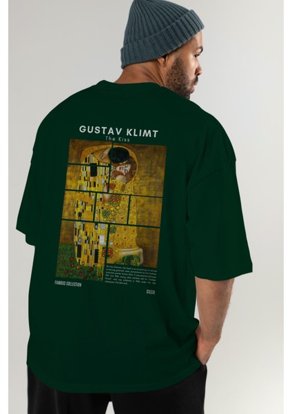 Gustav Klimt The Kiss Arka Baskılı Oversize T-Shirt Erkek Kadın Bisiklet Yaka Pamuk Tişort