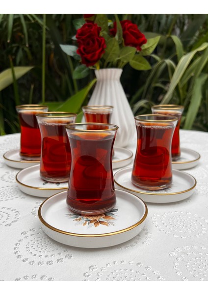6 Parça Çiçek Desenli Seramik Altlıklı Çay Takımı - 130 ml