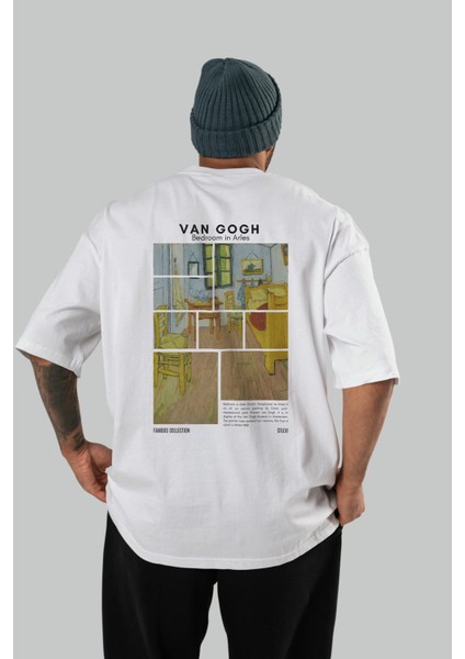 Van Gogh Arka Baskılı Oversize T-Shirt Erkek Kadın Bisiklet Yaka Pamuk Tişort