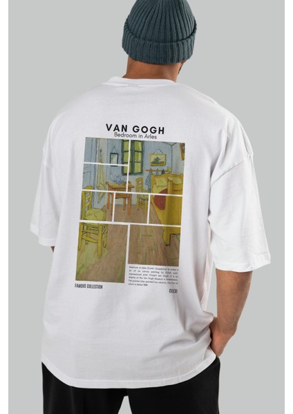 Van Gogh Arka Baskılı Oversize T-Shirt Erkek Kadın Bisiklet Yaka Pamuk Tişort