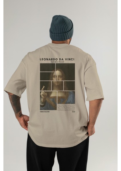 Salvador Mundi Arka Baskılı Oversize T-Shirt Erkek Kadın Bisiklet Yaka Pamuk Tişort