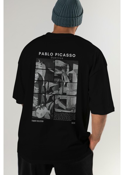 Pablo Picasso Guernica Arka Baskılı Oversize T-Shirt Erkek Kadın Bisiklet Yaka Pamuk Tişort