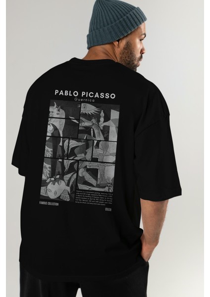 Pablo Picasso Guernica Arka Baskılı Oversize T-Shirt Erkek Kadın Bisiklet Yaka Pamuk Tişort