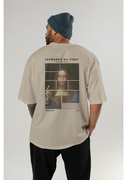 Salvador Mundi Arka Baskılı Oversize T-Shirt Erkek Kadın Bisiklet Yaka Pamuk Tişort fırsatları
