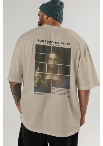 Salvador Mundi Arka Baskılı Oversize T-Shirt Erkek Kadın Bisiklet Yaka Pamuk Tişort indirimleri