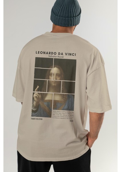 Salvador Mundi Arka Baskılı Oversize T-Shirt Erkek Kadın Bisiklet Yaka Pamuk Tişort