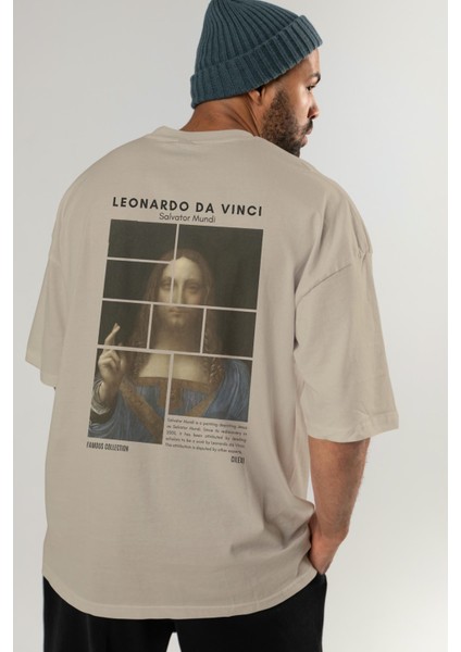 Salvador Mundi Arka Baskılı Oversize T-Shirt Erkek Kadın Bisiklet Yaka Pamuk Tişort