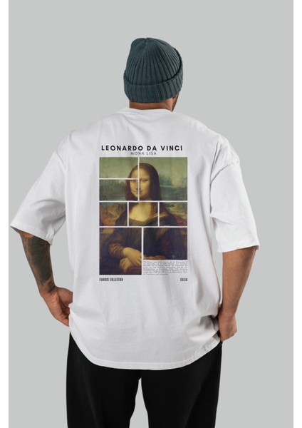 Leonardo Da Vinci Mona Lisa Arka Baskılı Oversize T-Shirt Erkek Kadın Bisiklet Yaka Pamuk Tişort