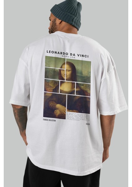 Leonardo Da Vinci Mona Lisa Arka Baskılı Oversize T-Shirt Erkek Kadın Bisiklet Yaka Pamuk Tişort indirimleri