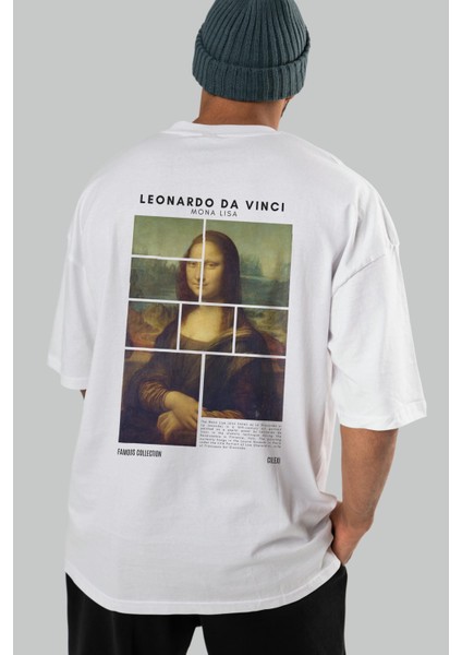 Leonardo Da Vinci Mona Lisa Arka Baskılı Oversize T-Shirt Erkek Kadın Bisiklet Yaka Pamuk Tişort