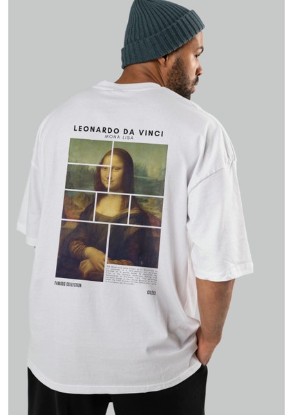 Leonardo Da Vinci Mona Lisa Arka Baskılı Oversize T-Shirt Erkek Kadın Bisiklet Yaka Pamuk Tişort