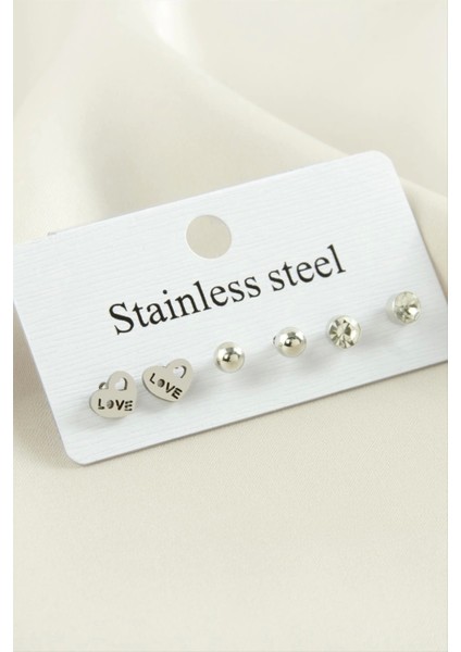 6 Adet Love Yazılı Kalp Taşlı Çelik Küpe