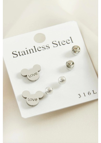 6 Adet Ayıcık Taşlı Çelik Küpe