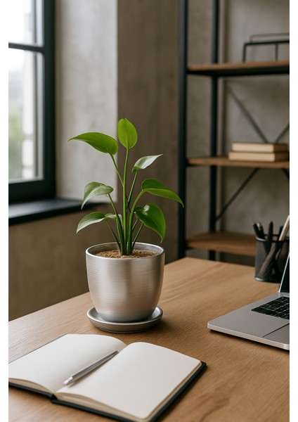 Tabaklı Gümüş Çömlek Saksı 19X19 cm