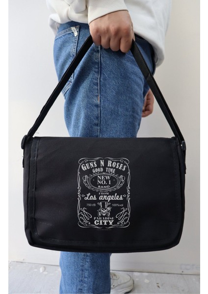 Siyah Rock Band Baskılı Unisex Omuz Çantası