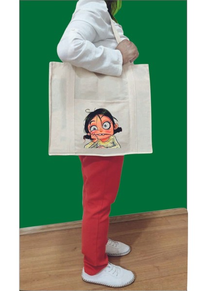 Şaşkın Kız Baskılı Çift Taraf Cepli Kanvas Çanta Bej