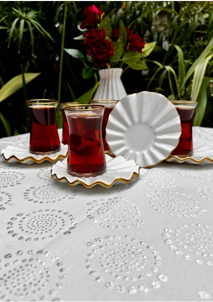 6 Parça Altın Yaldızlı Fırfır Desenli Seramik Çay Takımı - 130 ml