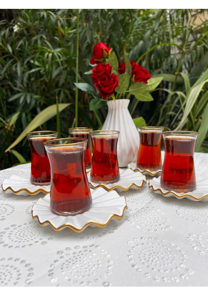 6 Parça Altın Yaldızlı Fırfır Desenli Seramik Çay Takımı - 130 ml fiyatları