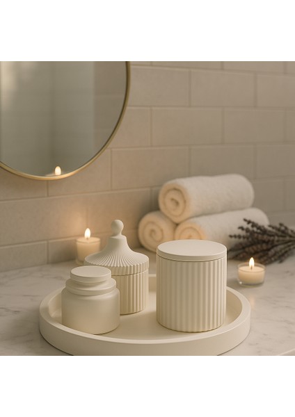 Modern Dekoratif 6’lı Set – El Yapımı Tepsi, Kapaklı Kutu ve Kavanoz – Minimalist Ev & Banyo Aksesuarı