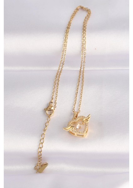 316L Çelik Zincir Altın Renk Zirkon Taşlı Kanatlı Kalp Kolye modelleri