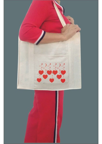 Kalpler Baskılı Çift Taraf Cepli Bej Kanvas Çanta