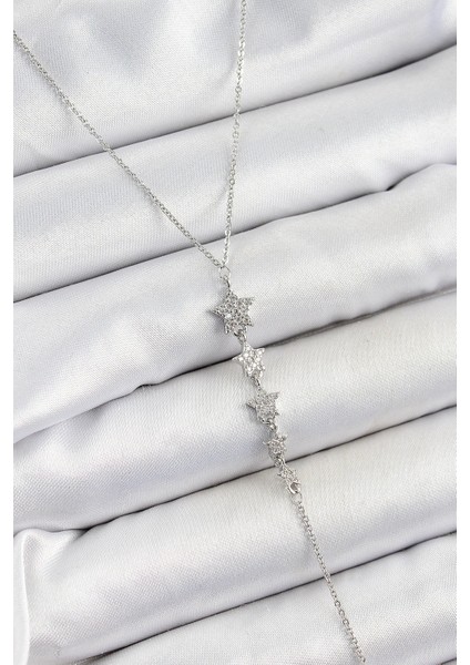 Pirinç Zirkon Taşlı Sıralı Yıldız Figürlü Y Model Gümüş Renk Kadın Kolye