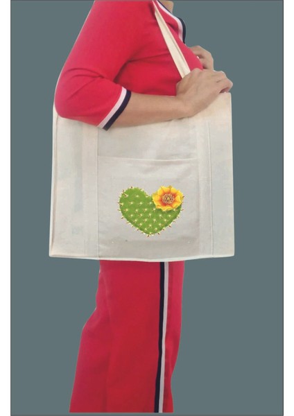 Çiçekli Kaktüs Baskılı Çift Taraf Cepli Kanvas Çanta Bej