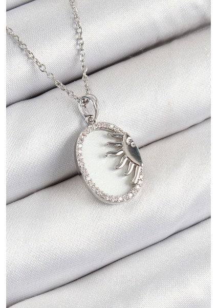 316L Çelik Zirkon Taşlı Yarım Güneş Model Gümüş Renk Kadın Kolye